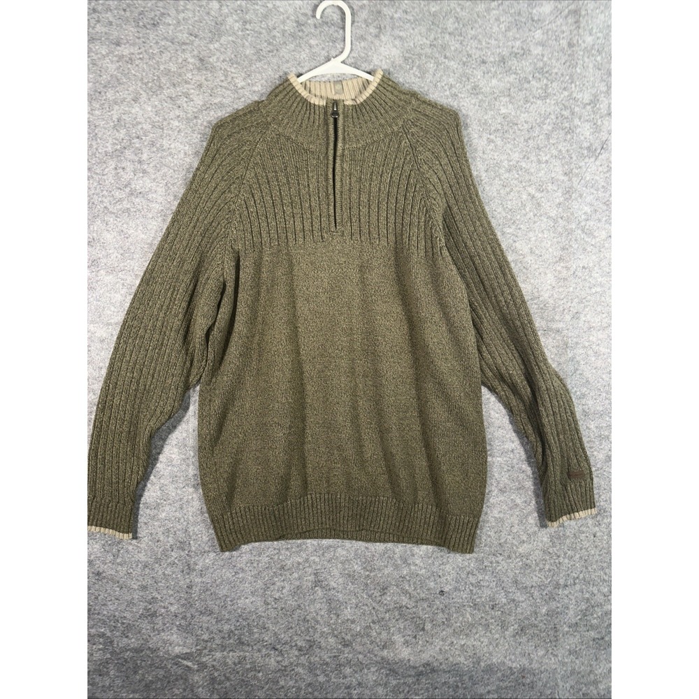 Columbia Sweater Men's Large Green/Tan 1/4 Zip Long-Sleeve Cotton